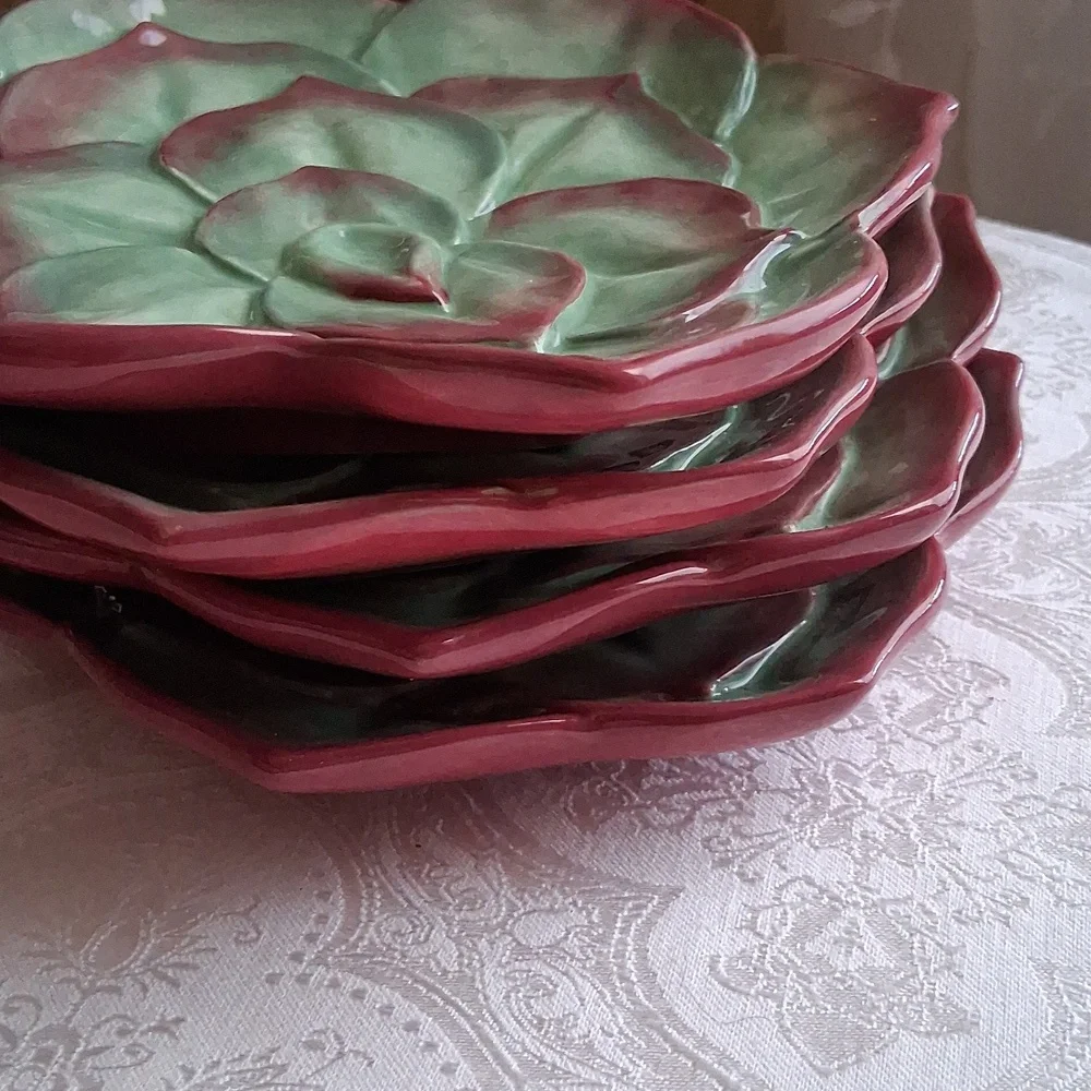 Set of four (4) Sur La Table green with reddish appetizer plates